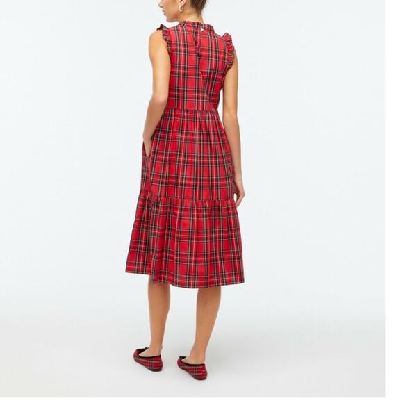 J. Crew Factory Tiered Midi Dress 2 Red Plaid Ruffle Neck Pockets Cotton Holiday - Picture 2 of 12